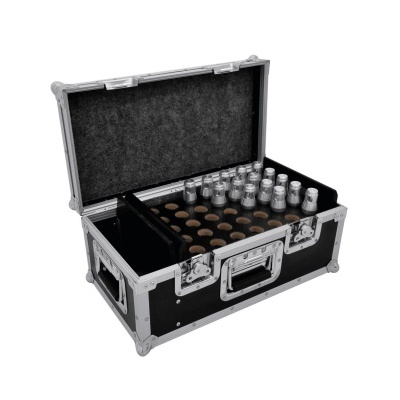 Mala preta com estrutura metálica aberta mostrando frascos transparentes e suportes de madeira