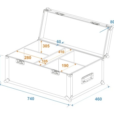 Caixa metálica branca com tampa aberta e divisórias internas, medidas indicadas