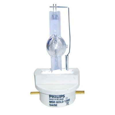 Lâmpada Philips MSR GOLD 1200 SA/SE com base branca e corpo de vidro transparente