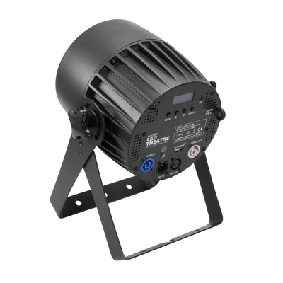 Projetor de iluminação LED PAR preto com estrutura metálica e conectores na traseira