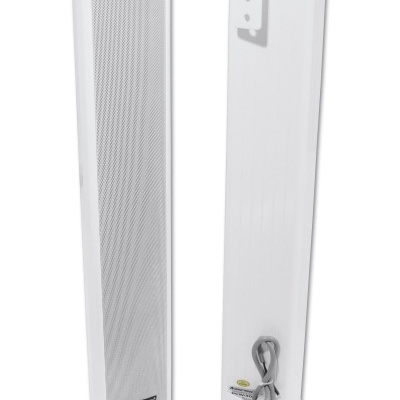 Colunas de som brancas metálicas com grelha frontal em malha