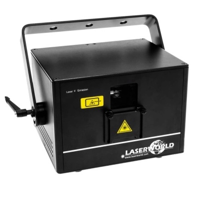Projetor de laser preto com aviso amarelo e logótipo LASERWORLD