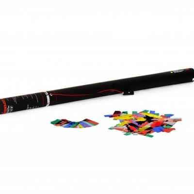 Lança-confetes preto com confetes coloridos espalhados