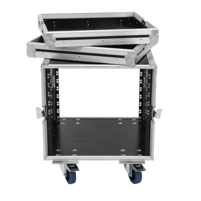 Rack de transporte aberto com estrutura metálica e rodas azuis