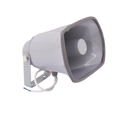 Megafone cinza claro com suporte e cabo branco