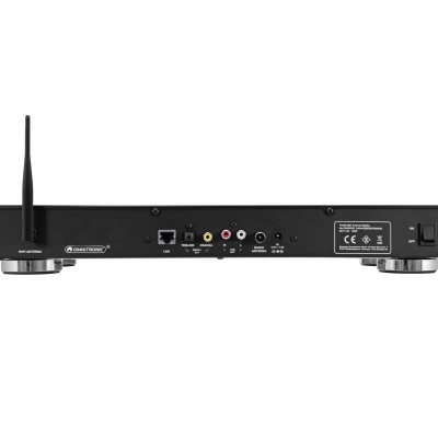 Dispositivo eletrónico preto com antena e várias portas na parte traseira