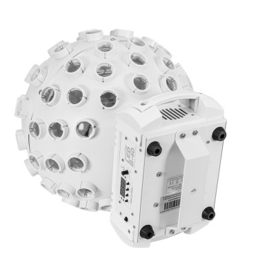 Dispositivo esférico branco com múltiplos recortes circulares e componente retangular branco