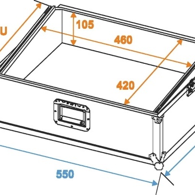 Estojo metálico retangular aberto com medidas técnicas em milímetros e cantos reforçados.