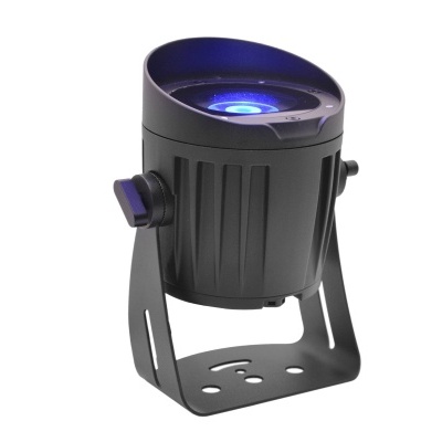 Projetor LED compacto preto com lente azul e suporte metálico