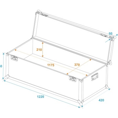 Caixa de armazenamento branca aberta com dimensões em milímetros indicadas