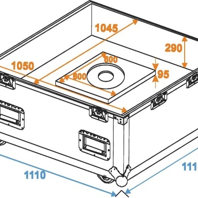 Desenho técnico de caixa rígida com rodas e medidas em milímetros