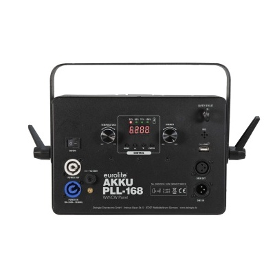 Painel frontal do Eurolite Akku PLL-168 com ecrã digital e conexões