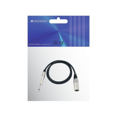 Cabo adaptador de som preto com conector XLR e jack 6,35 mm em embalagem azul.