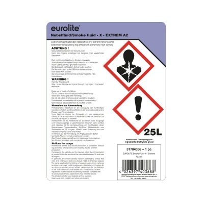 Etiqueta de fluido de fumo eurolite EXTREM A2 com avisos e símbolos de perigo