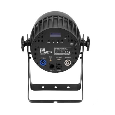 Luz de palco LED preta vista de trás com conectores e suporte