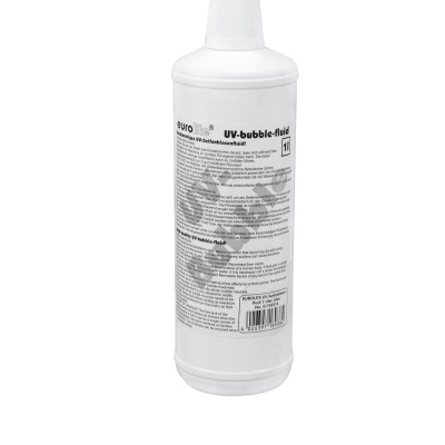 Frasco branco de plástico com líquido UV bubble fluid e rótulo impresso
