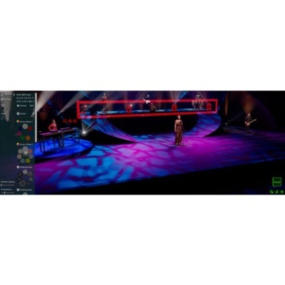 Palco iluminado com músicos e painel de controlo de luzes