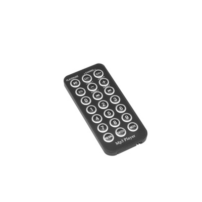 Comando à distância preto para Mp3 Player com botões numerados e funções várias
