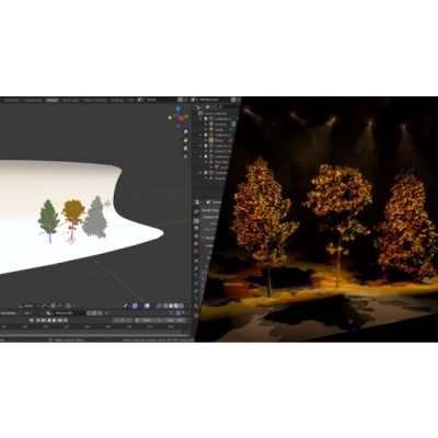 Tela de software 3D exibindo árvores coloridas em fundo branco e iluminadas em fundo escuro