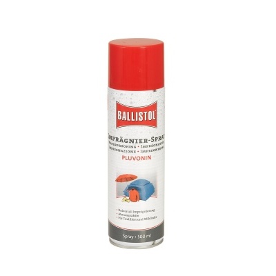 Lata de spray BALLISTOL com tampa vermelha e ilustração de casa e guarda-chuva