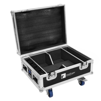 Mala de transporte profissional preta com armação de metal e rodas azuis