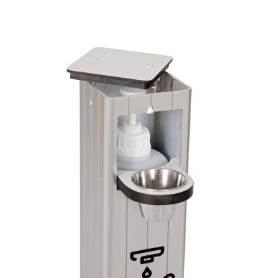 Dispensador de álcool gel prateado com suporte para copo metálico