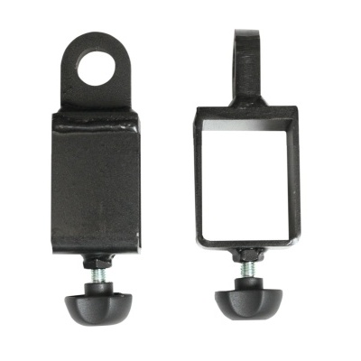 Peças metálicas pretas com parafuso e botão de aperto