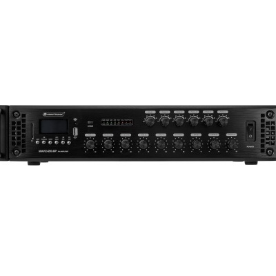 Amplificador profissional preto com botões, visor digital e entrada USB