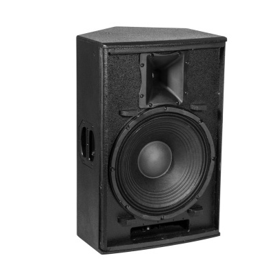 Coluna de som preta com dois altifalantes visíveis em fundo branco