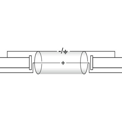 Desenho técnico de lâmpada tubular com terminais metálicos e símbolos + e -