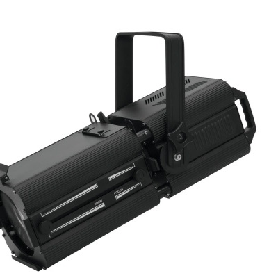 Projetor de luz profissional preto de metal com alça e lâmpadas visíveis