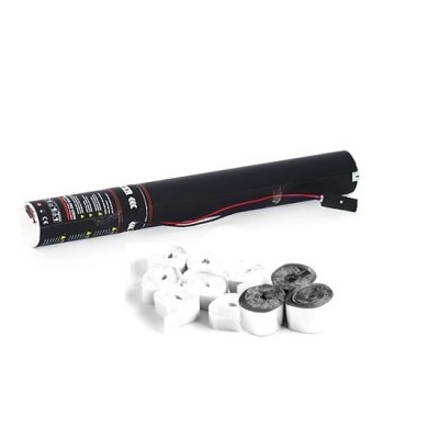 Rolo preto com etiquetas e texto e vários rolos pequenos brancos e cinzentos