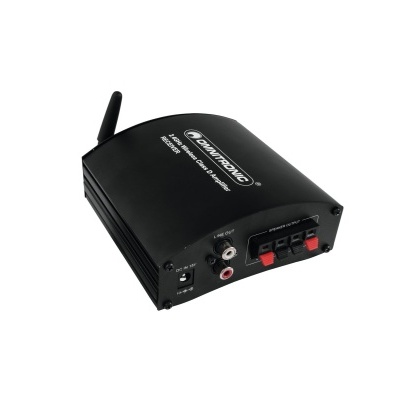 Amplificador de áudio preto com ligações RCA e antena