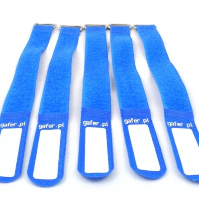 Cinco tiras azuis de velcro com parte branca e texto 'gafer.pl'