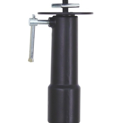 Parte superior de suporte ajustável preto com parafuso e alavanca metálica num fundo branco