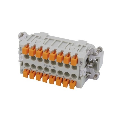 Conector elétrico cinza com inserções laranja e texto CSM 16