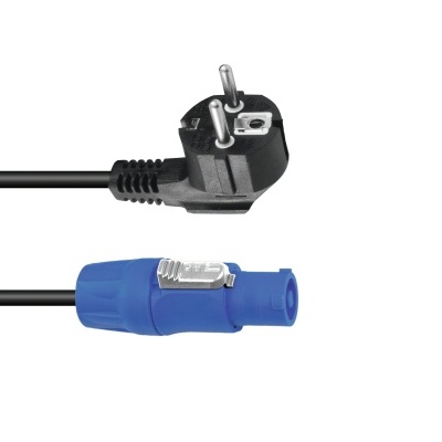Cabo com ficha Schuko preta e conector Speakon azul em fundo branco