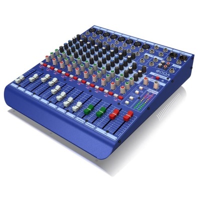 Mesa de mistura de áudio azul com botões e sliders coloridos