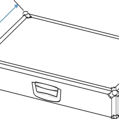 Desenho técnico de mala preta com cantos reforçados e pega central
