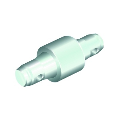 Conector metálico cilíndrico prateado com orifícios em cada extremidade