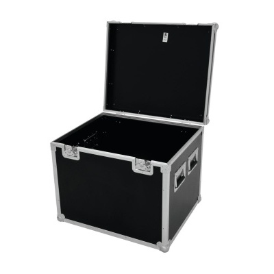 Maleta de armazenamento preta com armação metálica prateada e tampa aberta