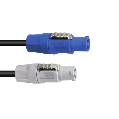 Cabos de áudio com conectores Speakon azul e cinza em fundo branco