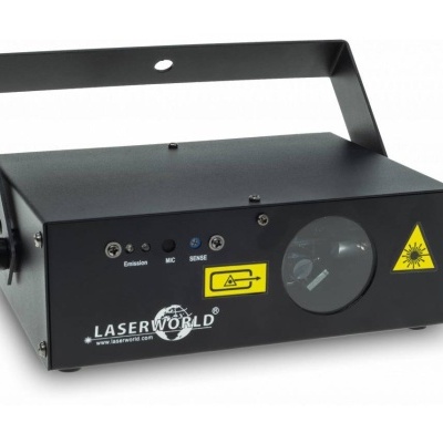 Aparelho electrónico preto LASERWORLD com suporte metálico e etiquetas de aviso de laser