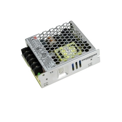 Fonte de alimentação elétrica metálica com grelha hexagonal e conectores laterais