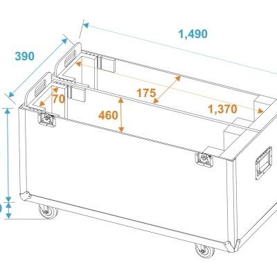 Ilustração técnica de mala de transporte retangular com rodas e alças