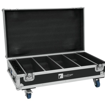 Caixa de transporte preta com divisórias e rodas azuis
