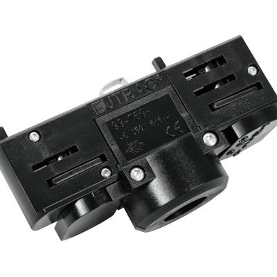 Componente elétrico preto EUTRAC com parafusos e fendas em fundo branco