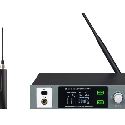 Sistema de microfone sem fios preto e cinza com ecrã digital e antena