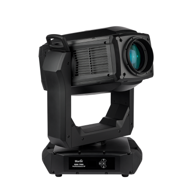 Projetor móvel profissional preto com lente azulada e painel de controlo