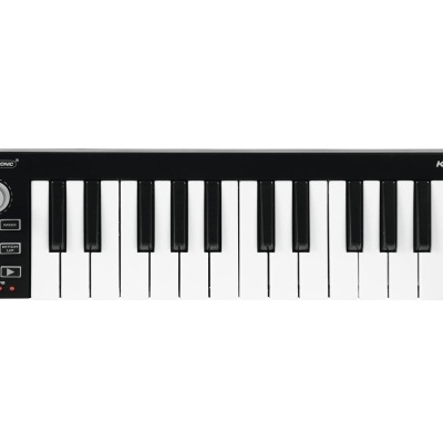 Teclado MIDI controlador preto e branco com 25 teclas e botões de controlo
